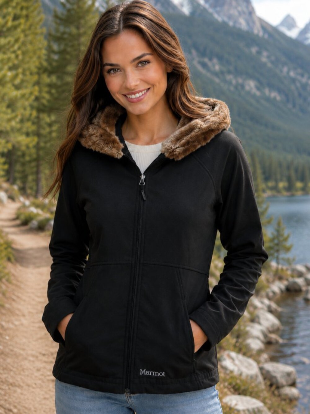 Marmot Furlong Soft Shell Jacket Womens M Black Faux Fur Hood Outdoor